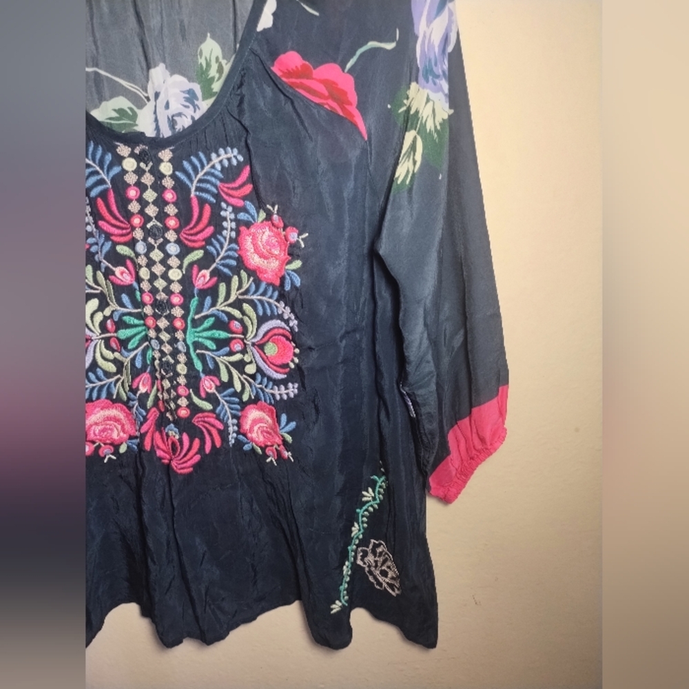 Johnny Was Navy Embroidered Floral Tunic with Pink & Purple Accents - Picture 6 of 16